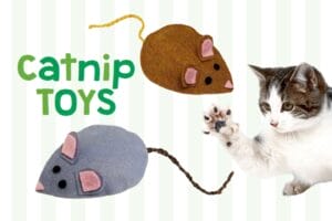 gray and brown mouse-shaped felt catnip toys with a pet cat grabbing them