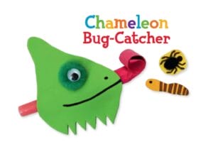 Green chameleon face with a party blower tongue on a white background