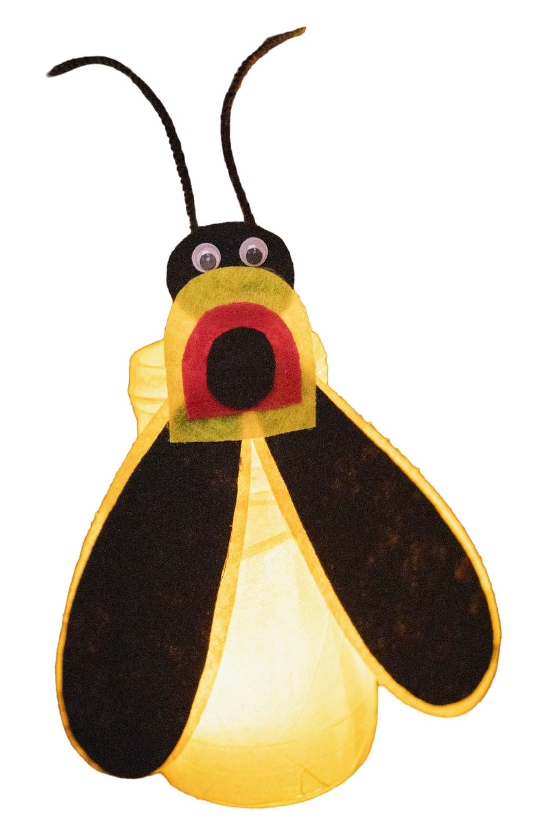 closeup of glowing firefly lantern craft