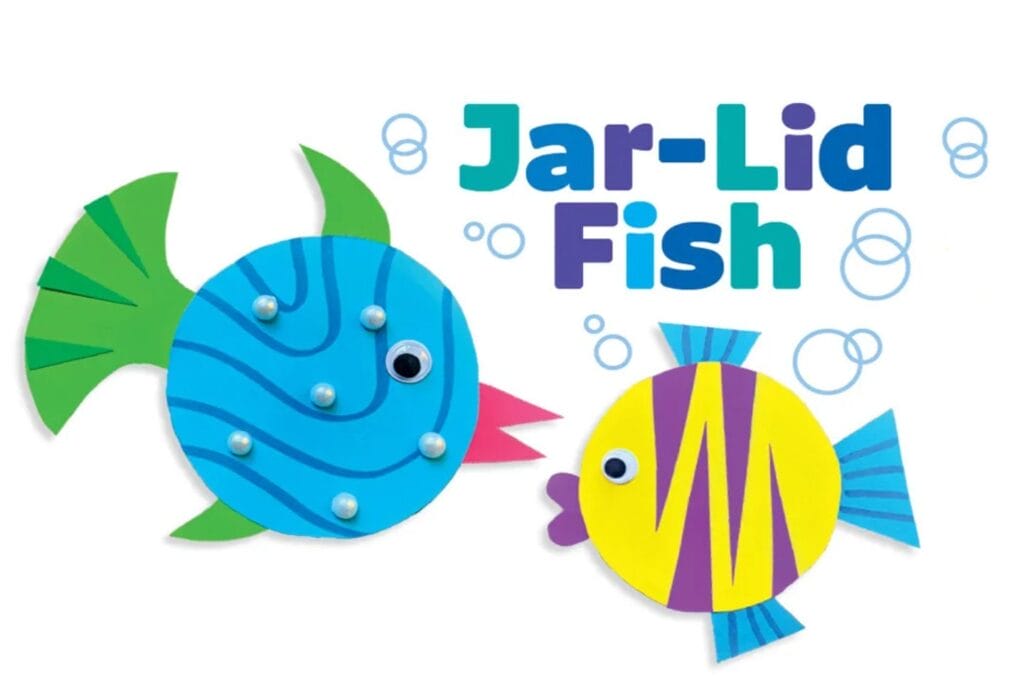 colorful fish craft made from recycled jar lids and paper