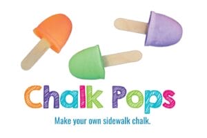 Colorful homemade sidewalk chalk shaped like popsicles in orange, green, and purple with wooden craft stick handles. The image includes the title "Chalk Pops" and the subtitle "Make your own sidewalk chalk."