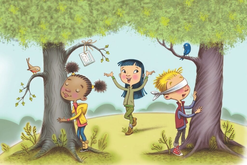 Illustrated kids playing a blindfolded tree guessing game in a park with birds watching