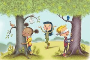 Illustrated kids playing a blindfolded tree guessing game in a park with birds watching