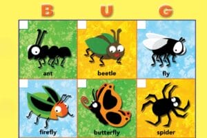 bingo card with illustrations of insects and spiders