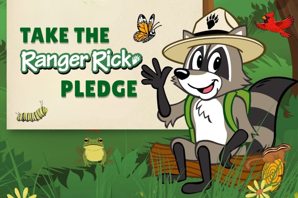 Ranger Rick waving and sitting on a log with the words "Take the Ranger Rick Pledge"