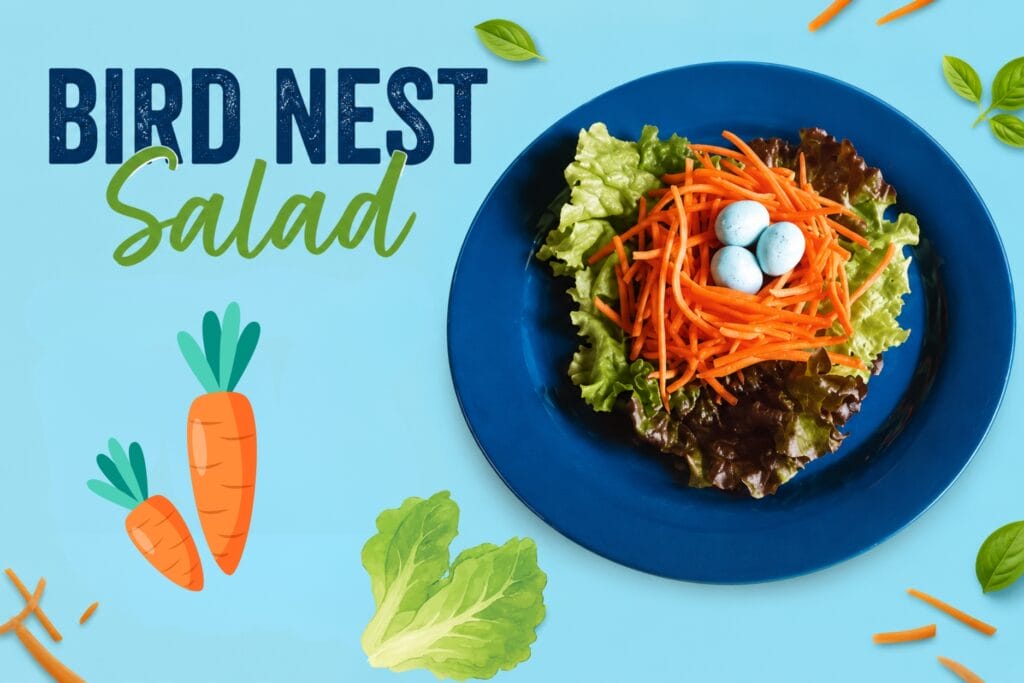 Bird nest salad with blue candy eggs on a blue plate against a light blue background