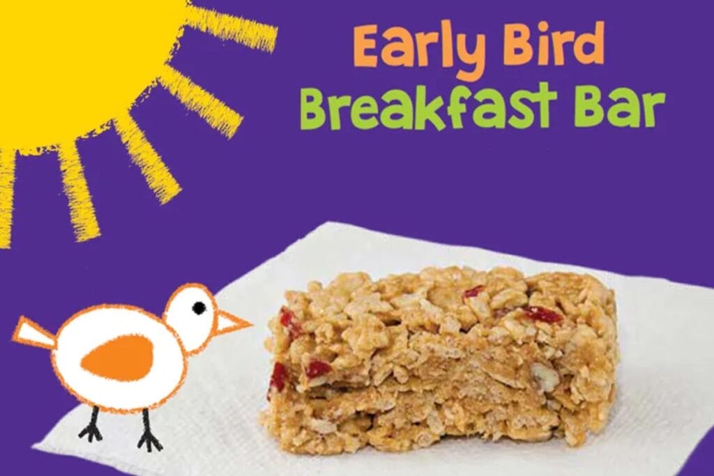 Homemade granola breakfast bar on napkin with cartoon bird and sun on purple background