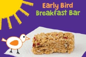 Homemade granola breakfast bar on napkin with cartoon bird and sun on purple background