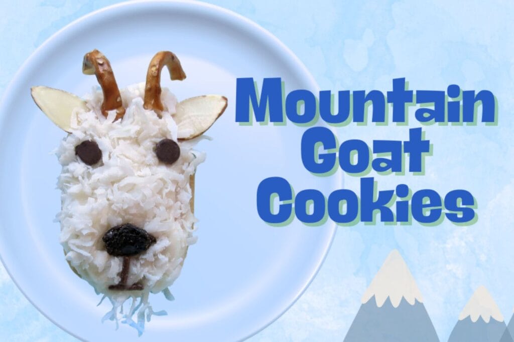 mountain goat cookie with shredded coconut face on a blue plate
