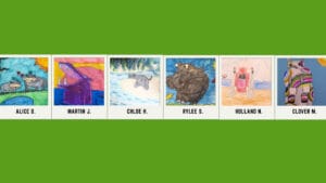 6 kids illustrations of hippos in a row