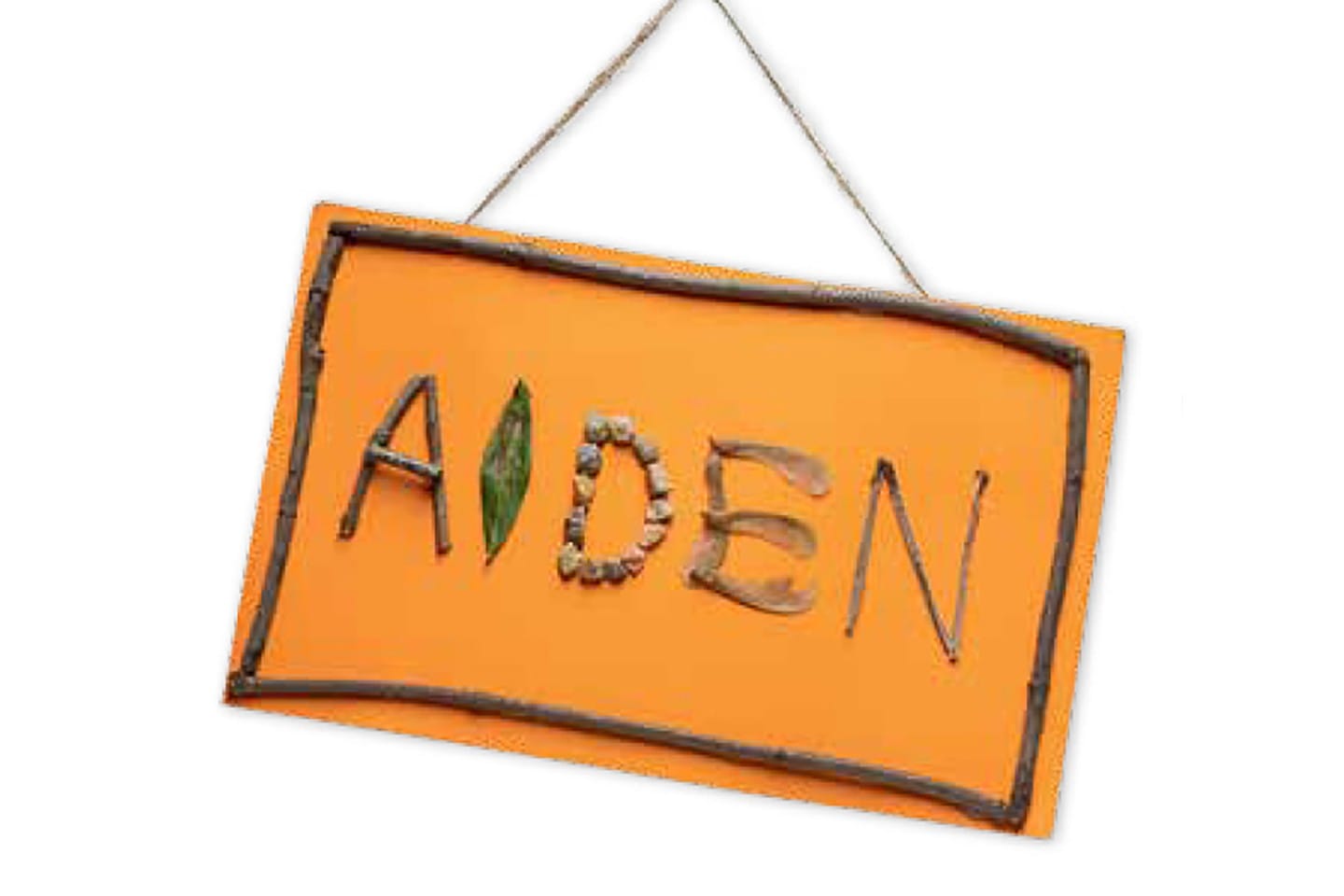 The name "Aiden" is spelled out with natural materials collected outdoors, including twigs, leaves, bark, pinecones, acorns, seeds arranged on orange paper.