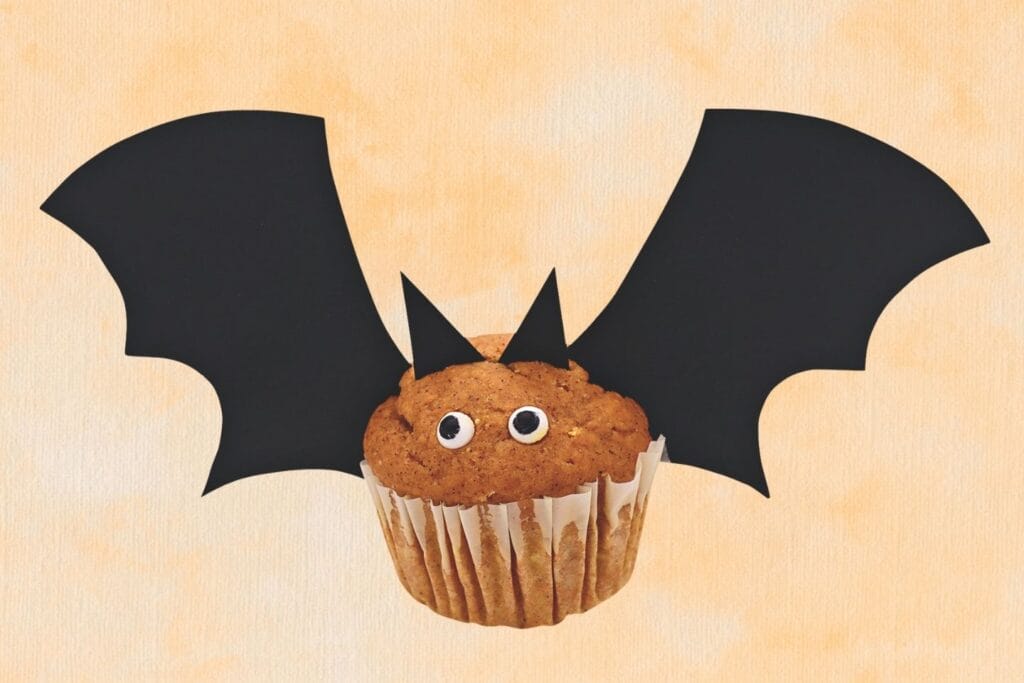 muffin with two large bat wings and candy eyes