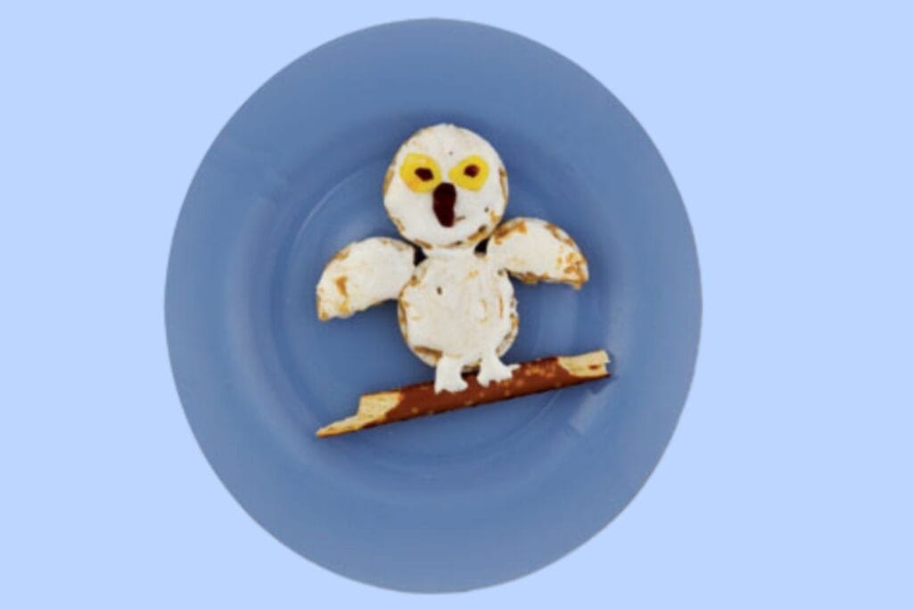 rice cakes covered in marshmallow creme arranged to look like a snowy owl on a blue plate